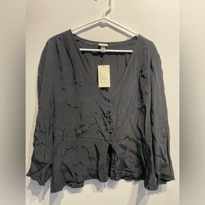 a new day Women's Long Sleeve Button-Front Top Black Size XL NWT